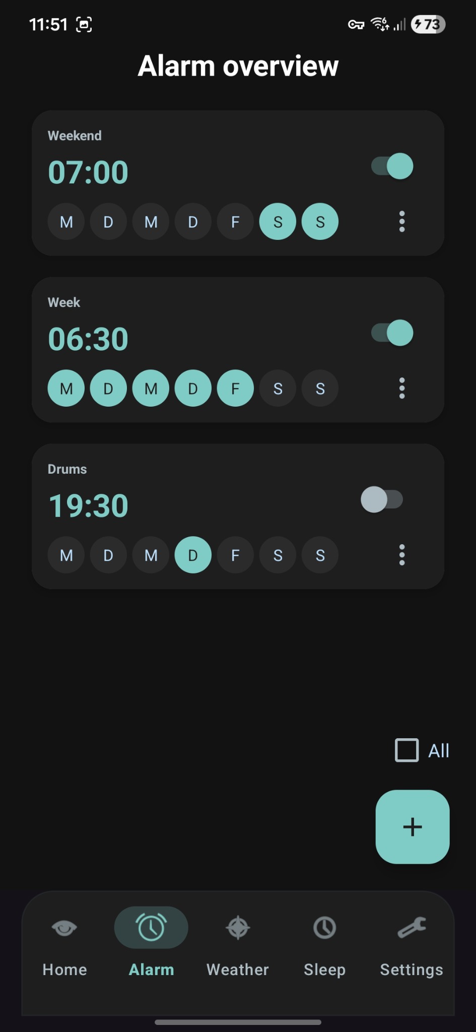 Alarmübersicht der Wake Me App