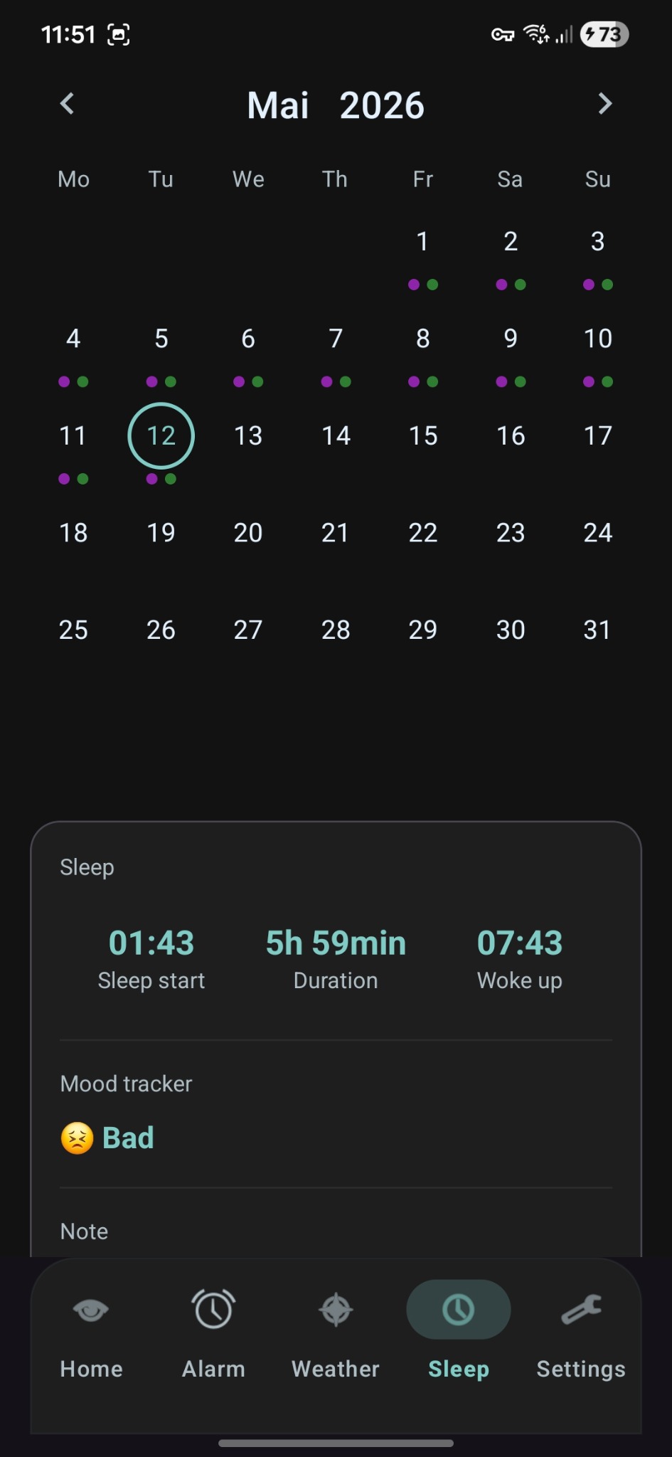 Schlafansicht der Wake Me App